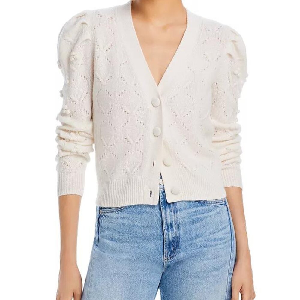 Aqua Cream Openwork Puff-Sleeve Button Cardigan